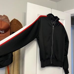 Topshop Black Bomber Jacket with Red & White Stripe, Size 4